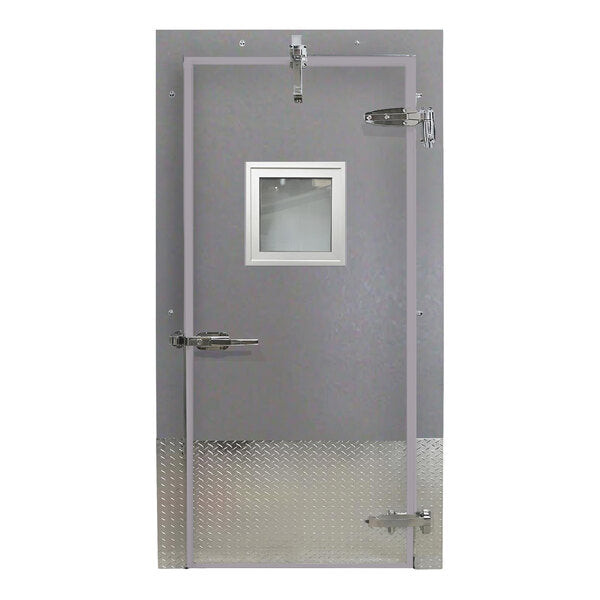 Curtron 36" x 84" Embossed Gray Galvalume Steel Cold Storage Infitting Single Swinging Freezer Door with Heated Frame, Window, and Left-Side Handle