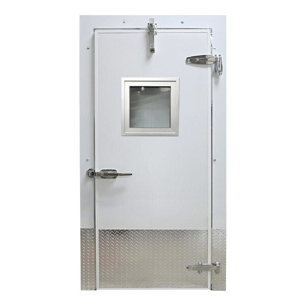 Curtron 36" x 84" Embossed White Galvalume Steel Cold Storage Infitting Single Swinging Cooler Door with Window and Left-Side Handle
