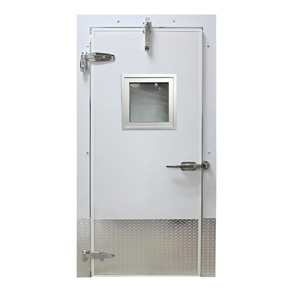 Curtron 36" x 84" Embossed White Galvalume Steel Cold Storage Infitting Single Swinging Cooler Door with Window and Right-Side Handle