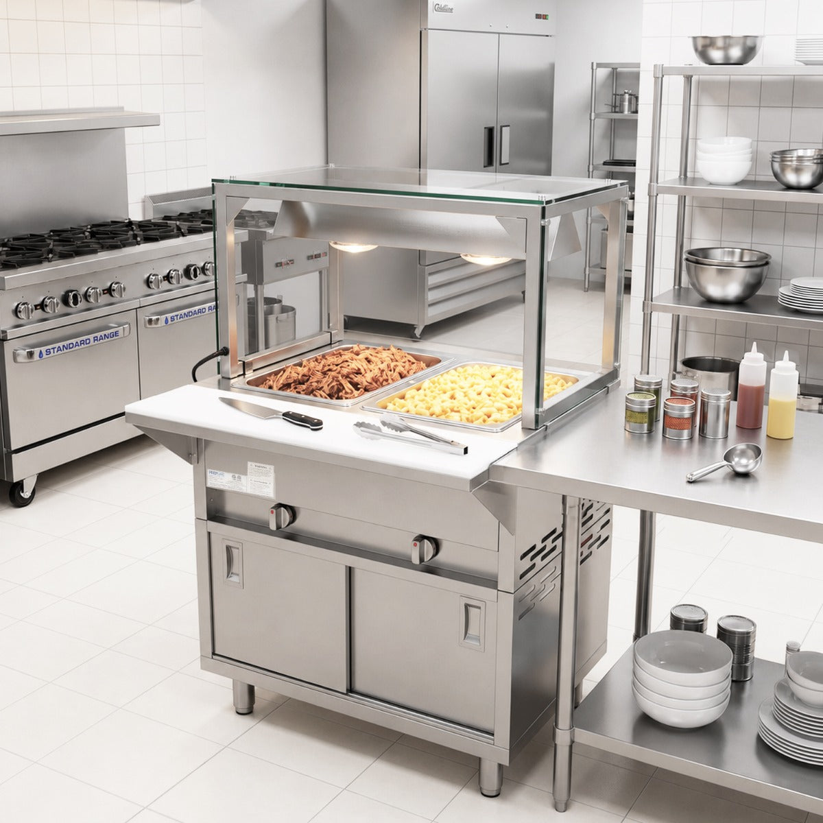 Prepline GSTC30-2S-LT gas steam table with lighted sneeze guard, holding food pans in a kitchen