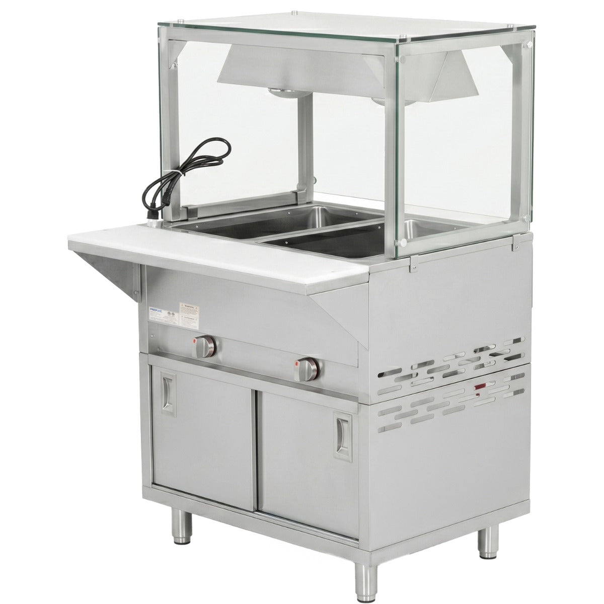 Prepline GSTC30-2S-LT gas steam table with lighted sneeze guard, angled front view