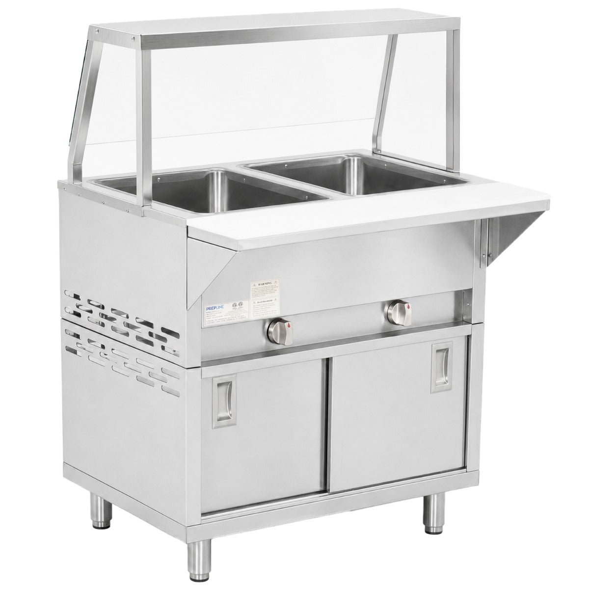 Prepline GSTC30-2S-SG gas steam table with sneeze guard, angled front view