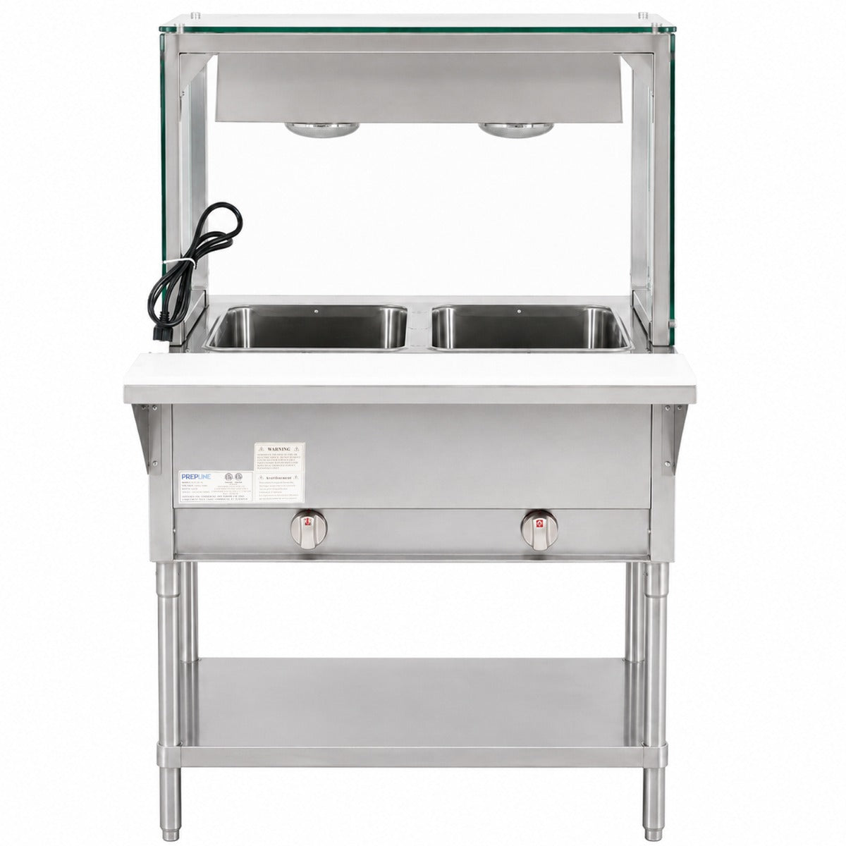 Prepline GST30-2O-LT gas steam table with lighted sneeze guard, front view