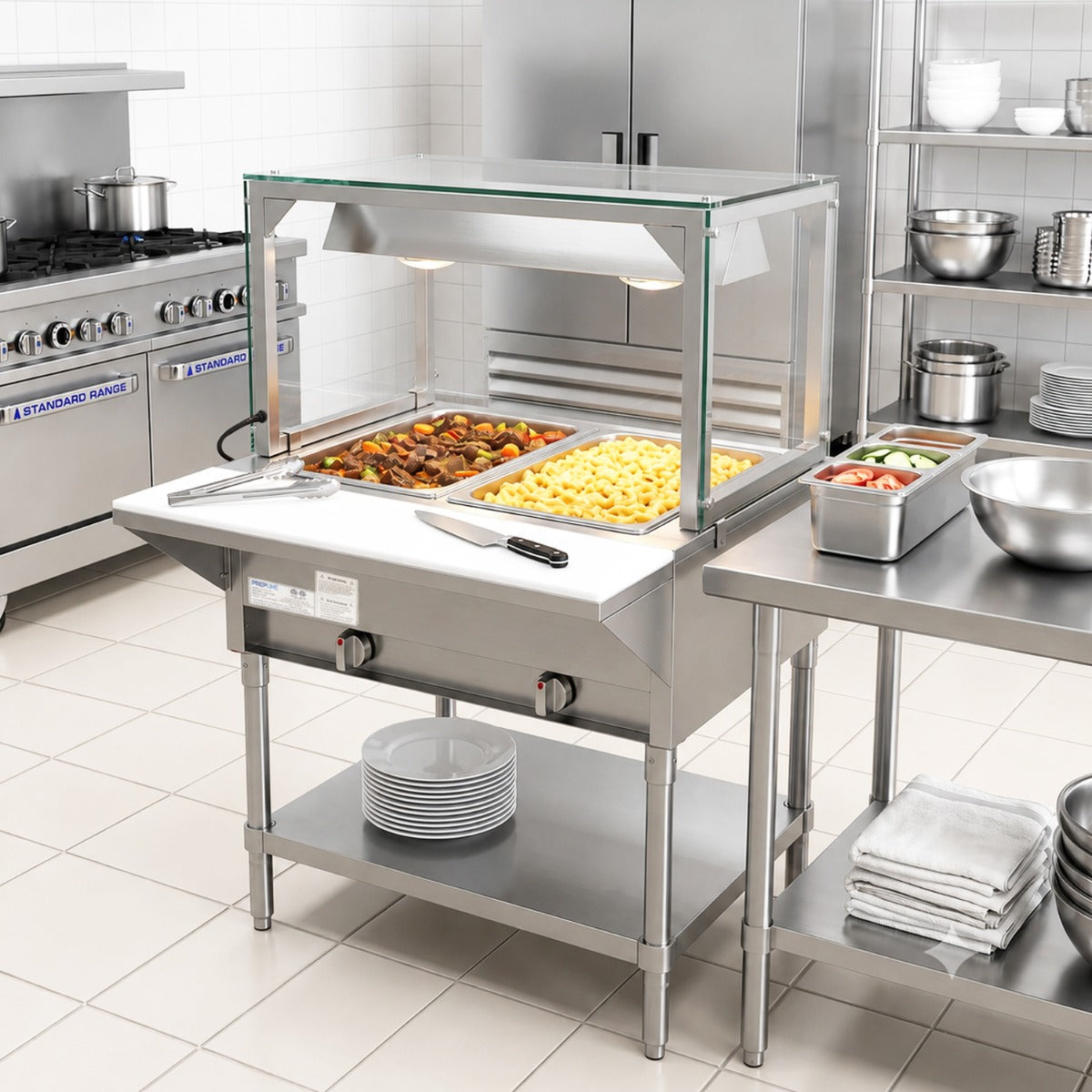 Prepline GST30-2O-LT gas steam table with lighted sneeze guard, holding food in a commercial kitchen
