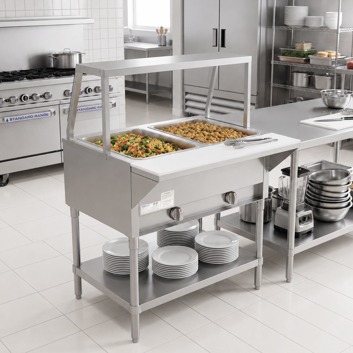 Prepline GST30-2O-SG gas steam table with sneeze guard, holding food in a commercial kitchen