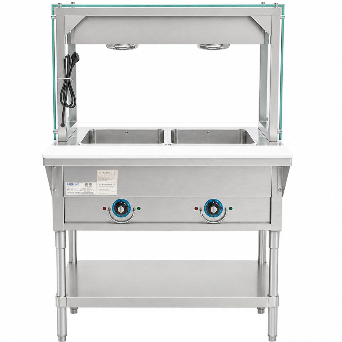 Prepline EST30-2O-LT electric steam table with lighted sneeze guard, front view