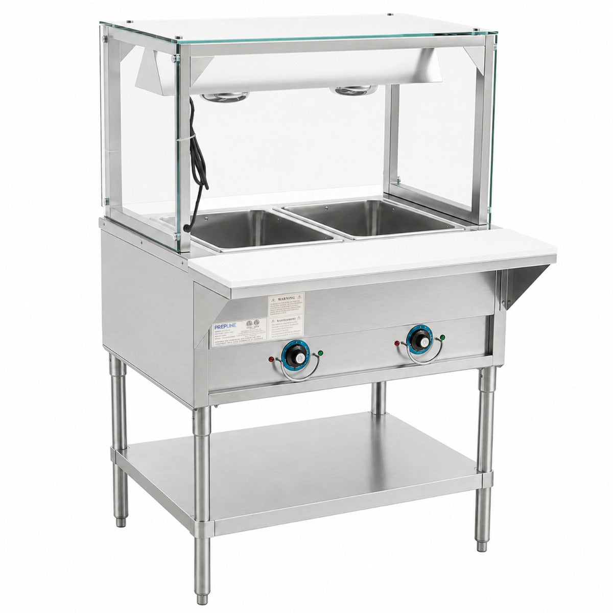 Prepline EST30-2O-LT electric steam table with lighted sneeze guard, angled front view
