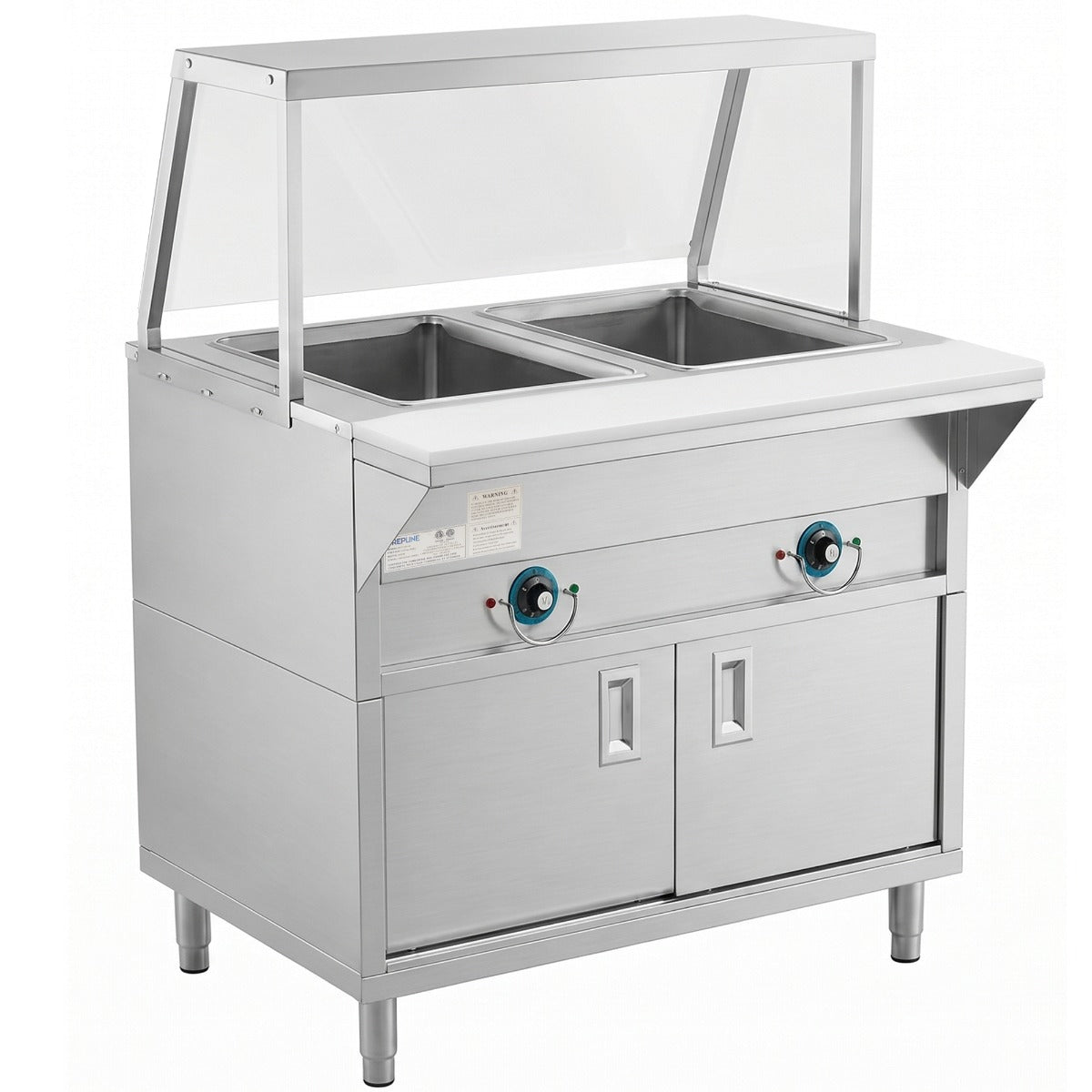 Prepline ESTC30-2S-SG electric steam table with sneeze guard, angled front view