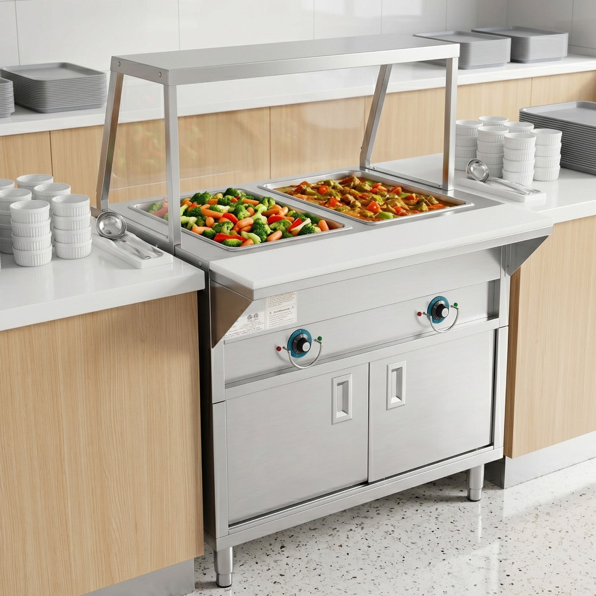 Prepline ESTC30-2S-SG electric steam table with sneeze guard, holding food on a serving line