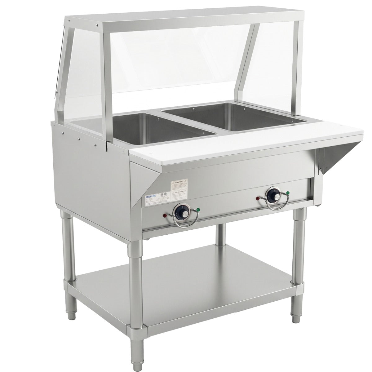 Prepline EST30-2O-SG electric steam table with sneeze guard, angled front view