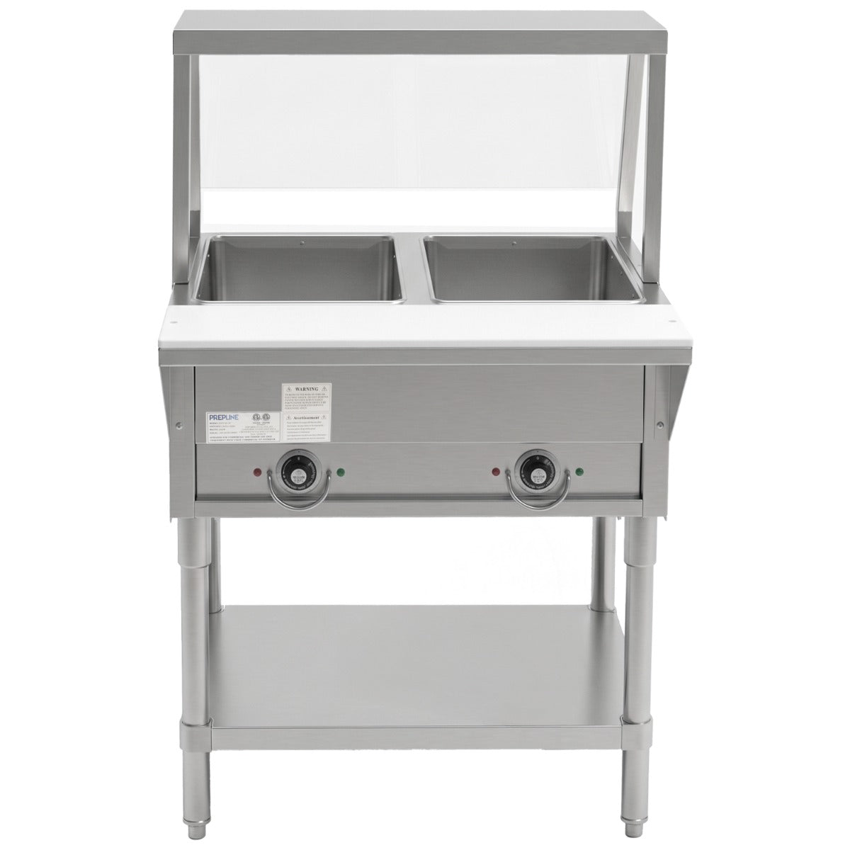 Prepline EST30-2O-SG electric steam table with sneeze guard, front view