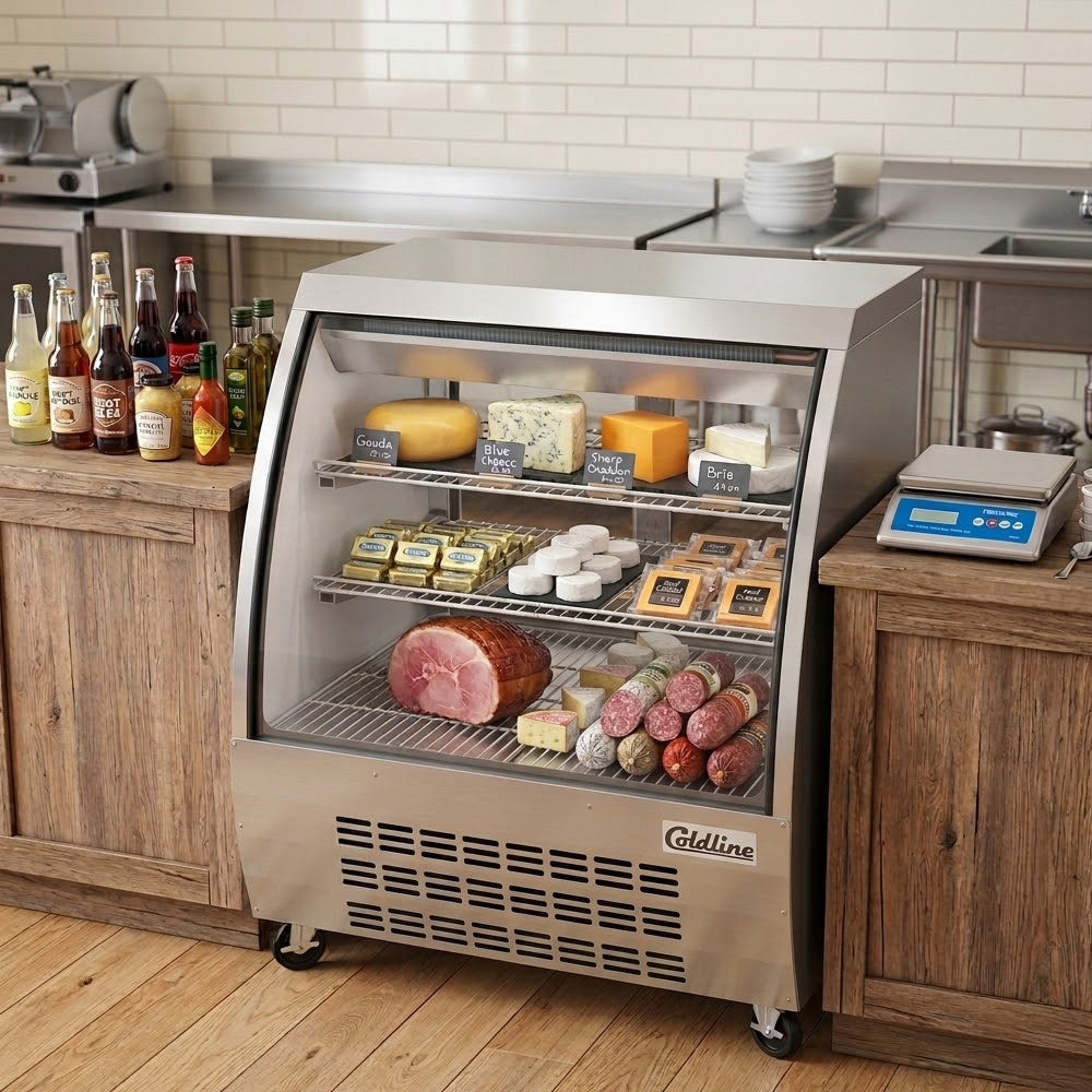 Coldline DC36-SS stainless steel curved glass deli display case, stocked with deli meats and cheeses (representative image)