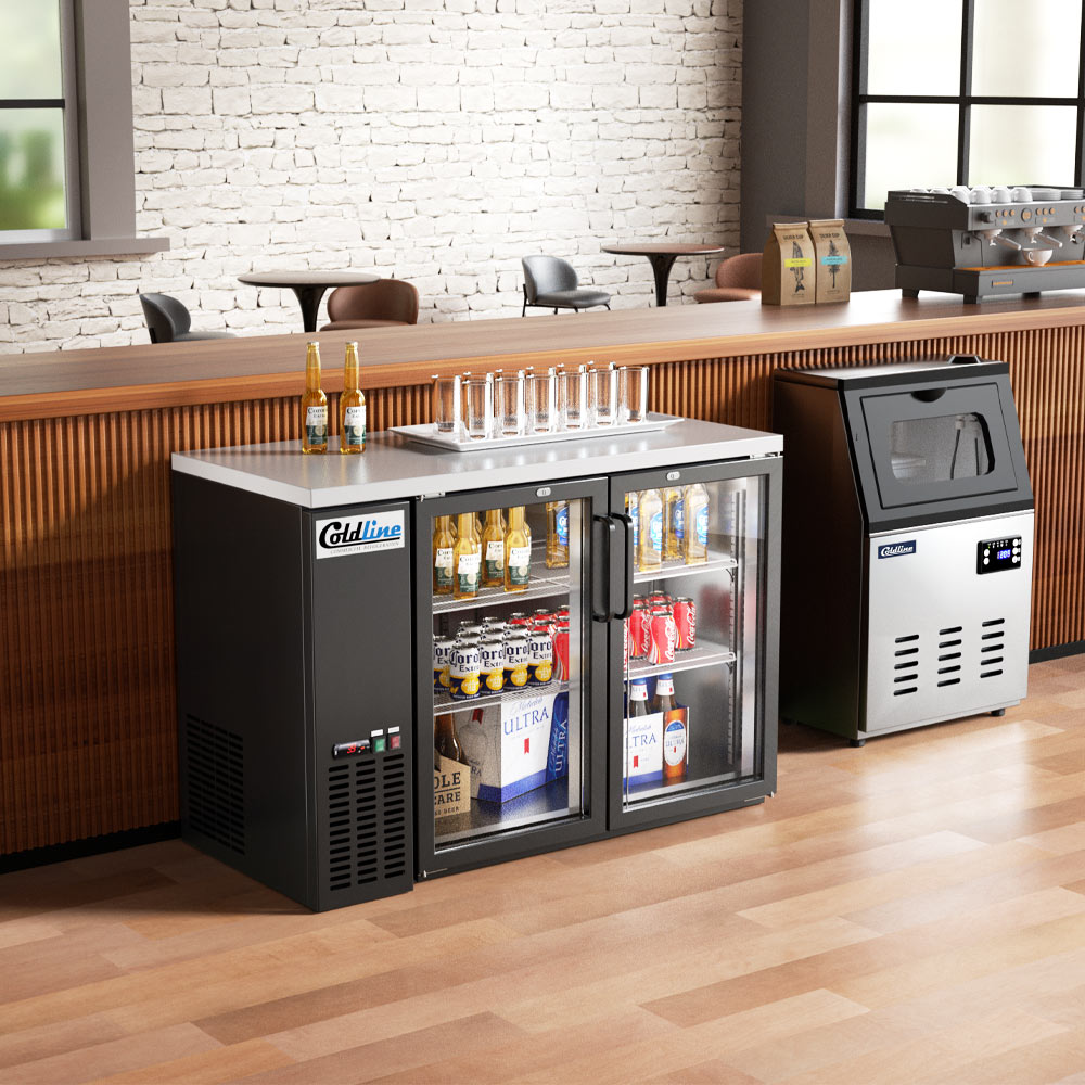 Coldline CBB-48G black swing glass door back bar cooler, under a bar counter (representative image)