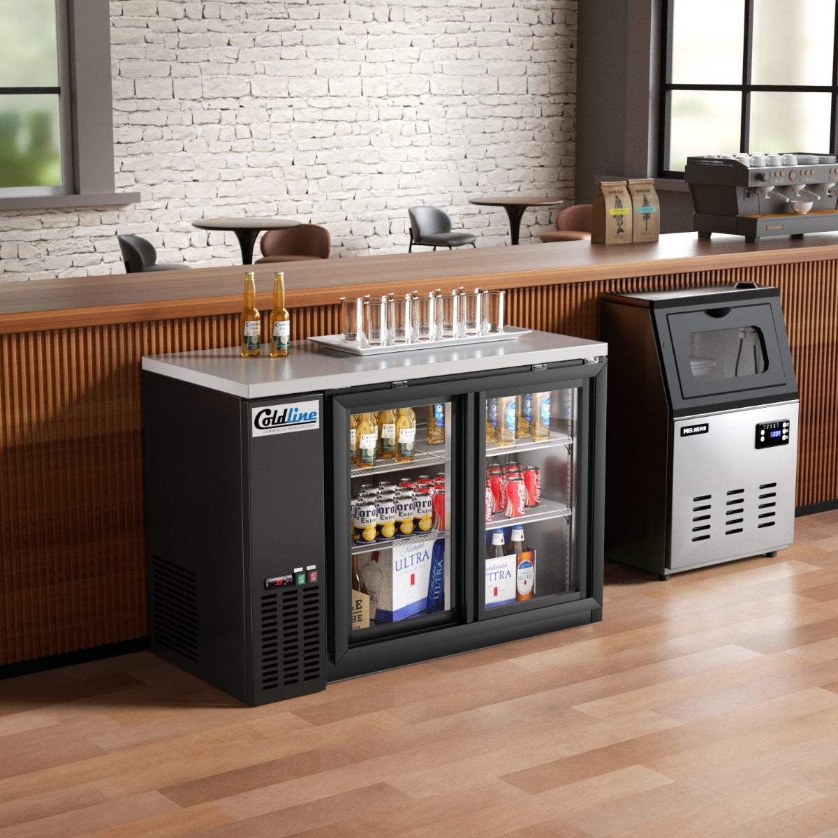 Coldline CBB-48G-SL black sliding glass door back bar cooler, under a bar counter (representative image)