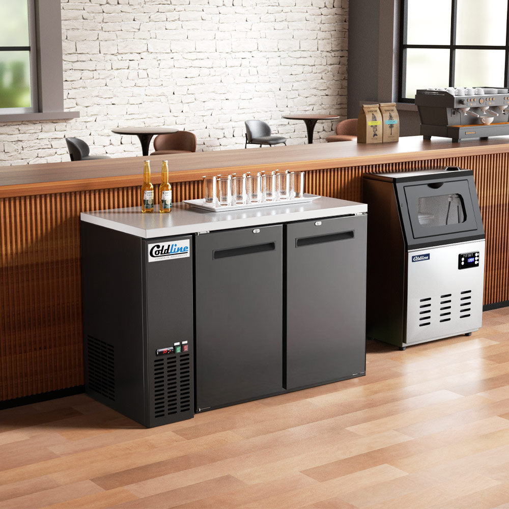 Coldline CBB-48 black 2-door back bar cooler, installed under a bar counter (representative image)