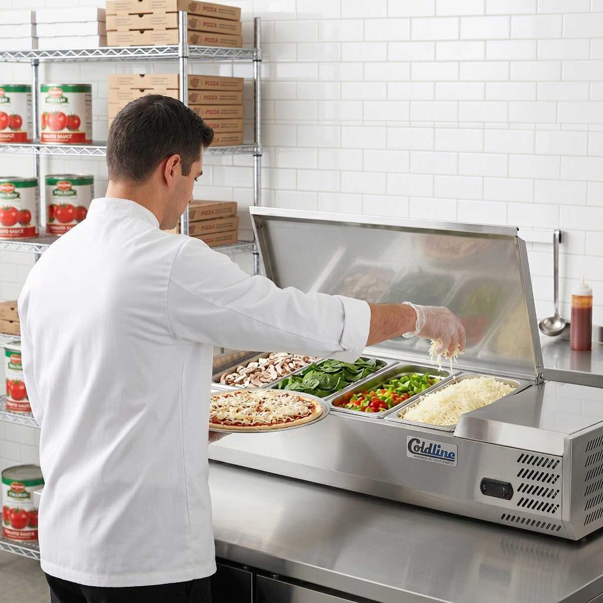 Coldline CTP48SS refrigerated countertop salad bar, in use at a pizza prep counter (representative image)