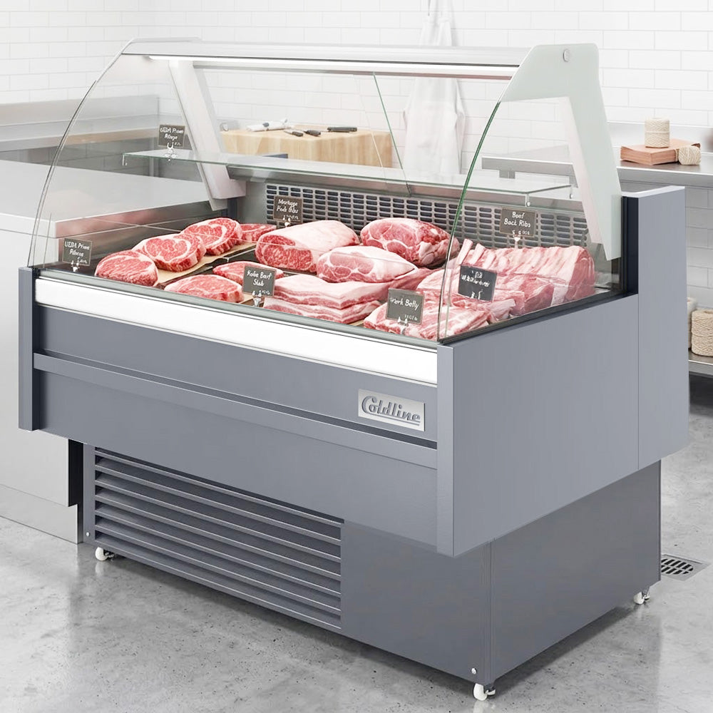 Coldline SDC48 curved glass meat deli case, displaying meat (representative image)
