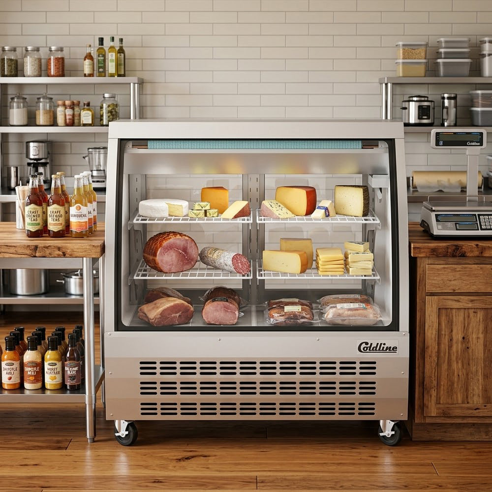 Coldline DC48-SS stainless steel curved glass deli display case, stocked with deli meats and cheeses (representative image)