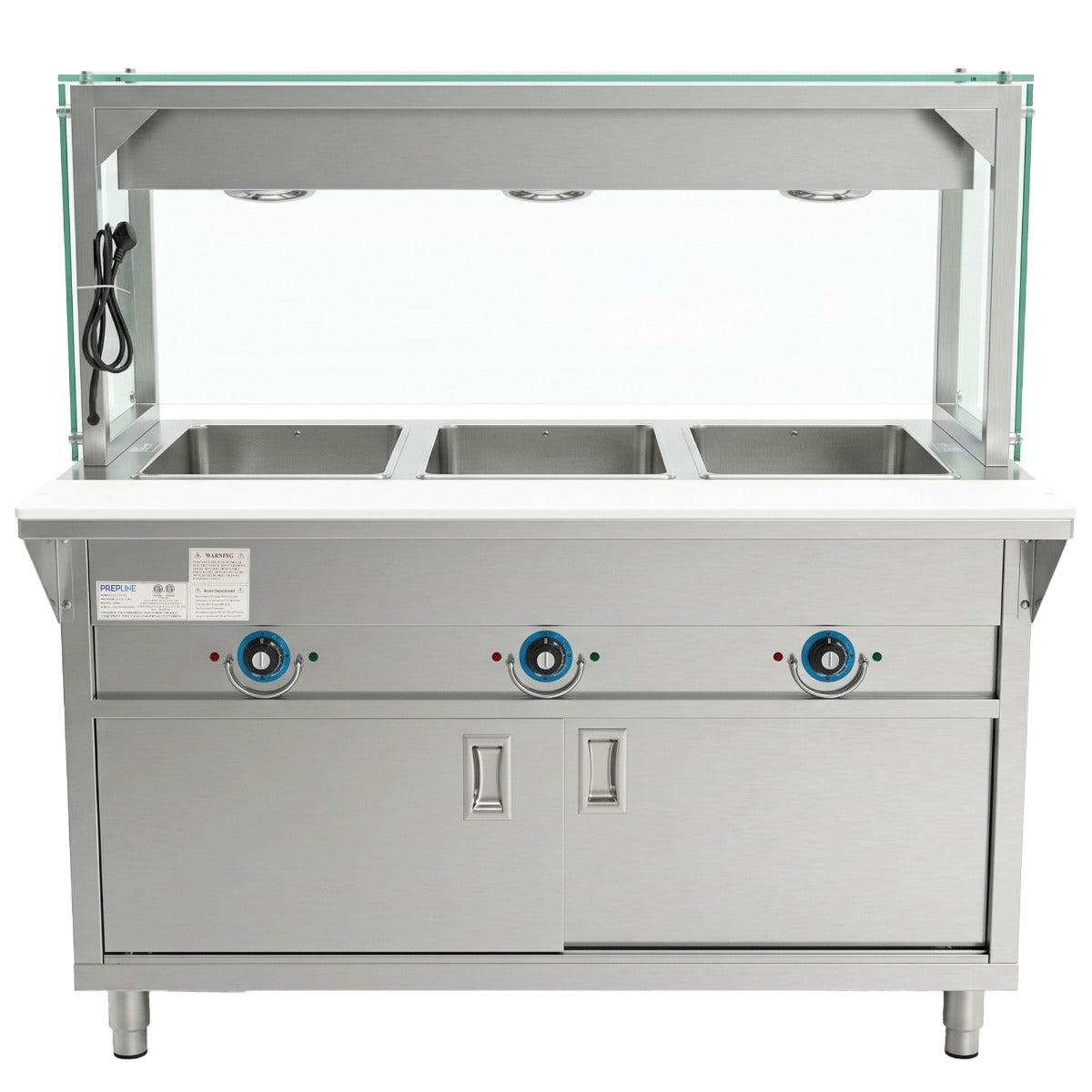 Prepline ESTC48-3S-LT electric steam table with lighted sneeze guard, front view