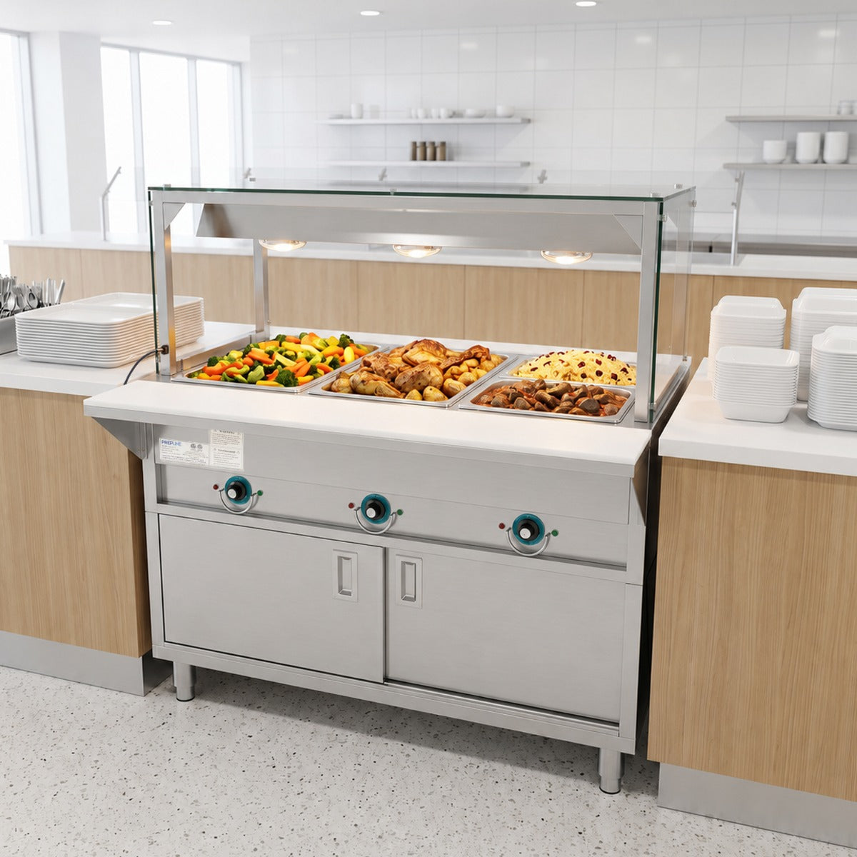 Prepline ESTC48-3S-LT electric steam table with lighted sneeze guard, holding food on a serving line
