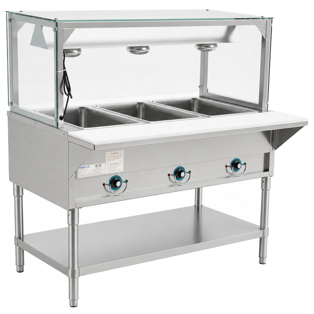 Prepline EST48-3O-LT electric steam table with lighted sneeze guard, angled front view