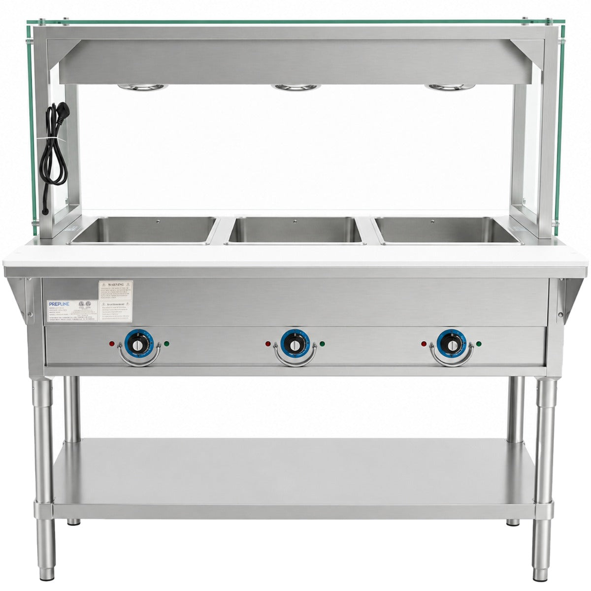 Prepline EST48-3O-LT electric steam table with lighted sneeze guard, front view