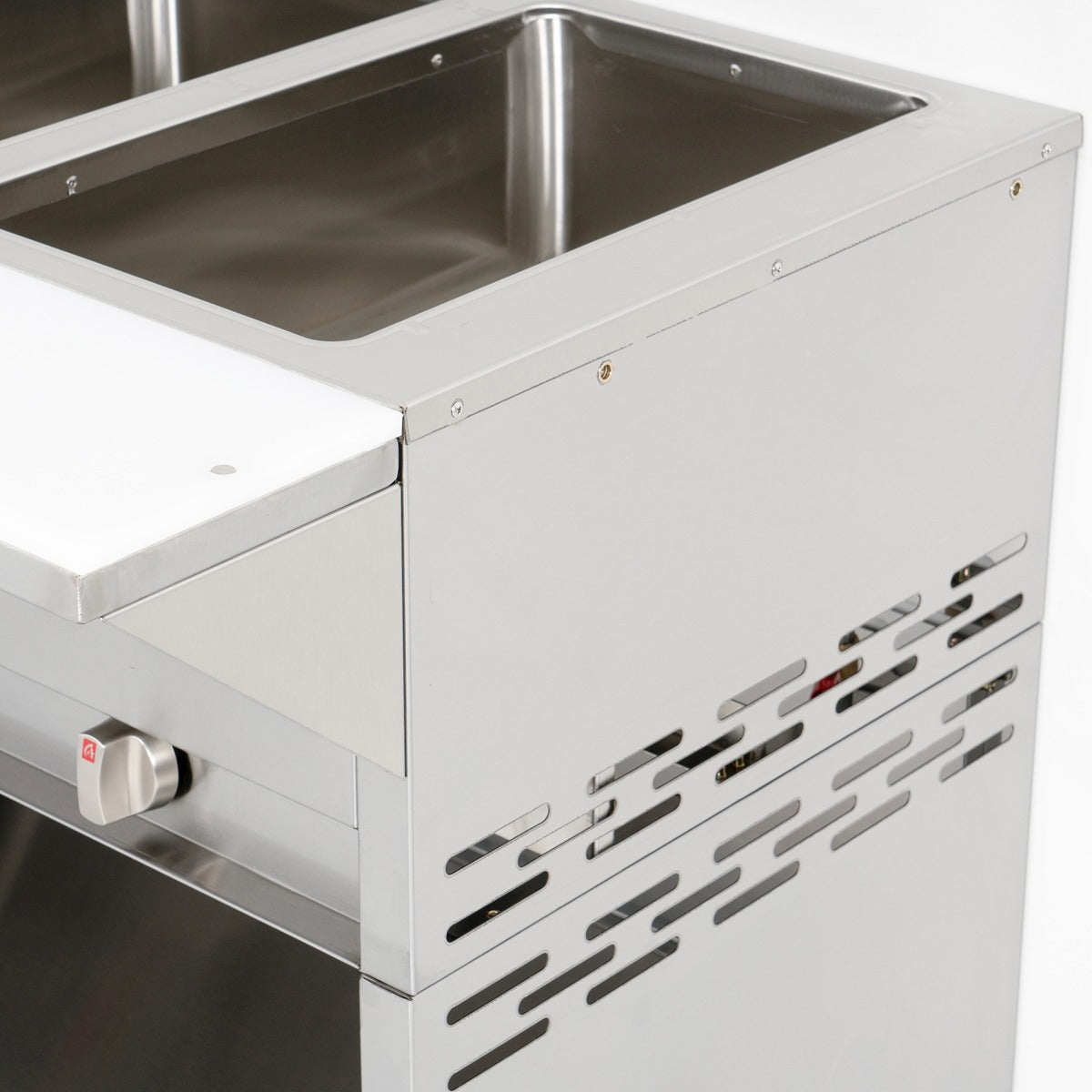 Prepline GSTC74-5S-LT gas steam table with lighted sneeze guard, sealed well and vented side panel, close-up (representative image)
