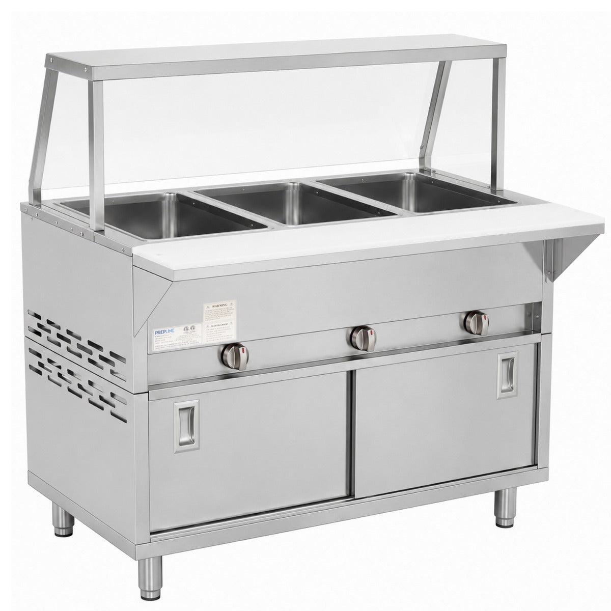 Prepline GSTC48-3S-SG gas steam table with sneeze guard, angled front view