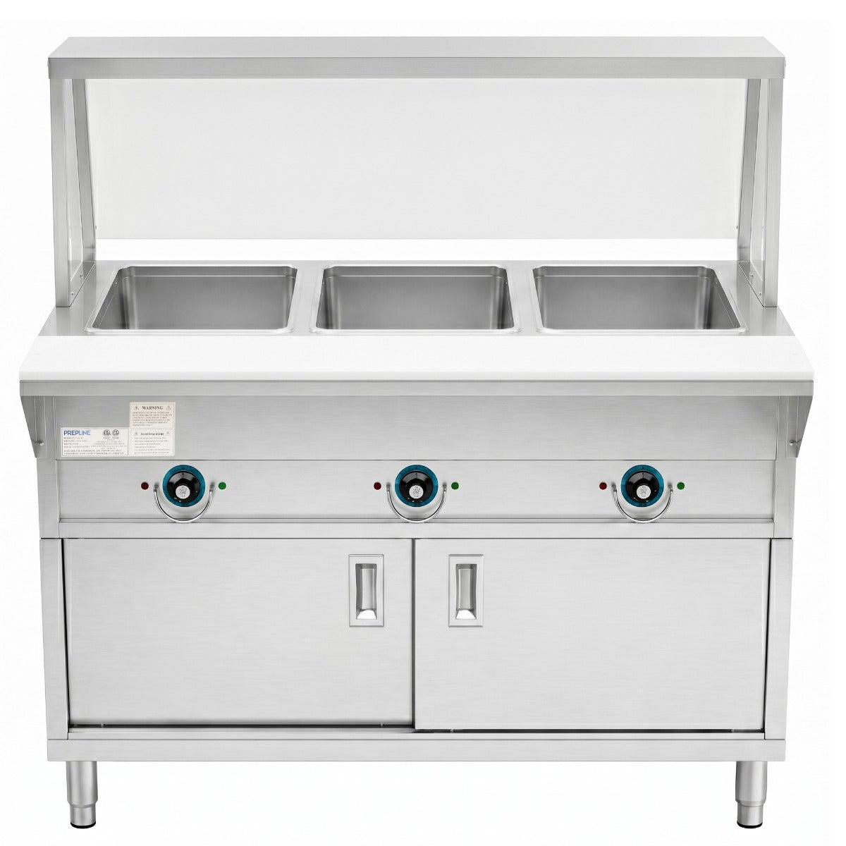 Prepline ESTC48-3S-SG electric steam table with sneeze guard, front view