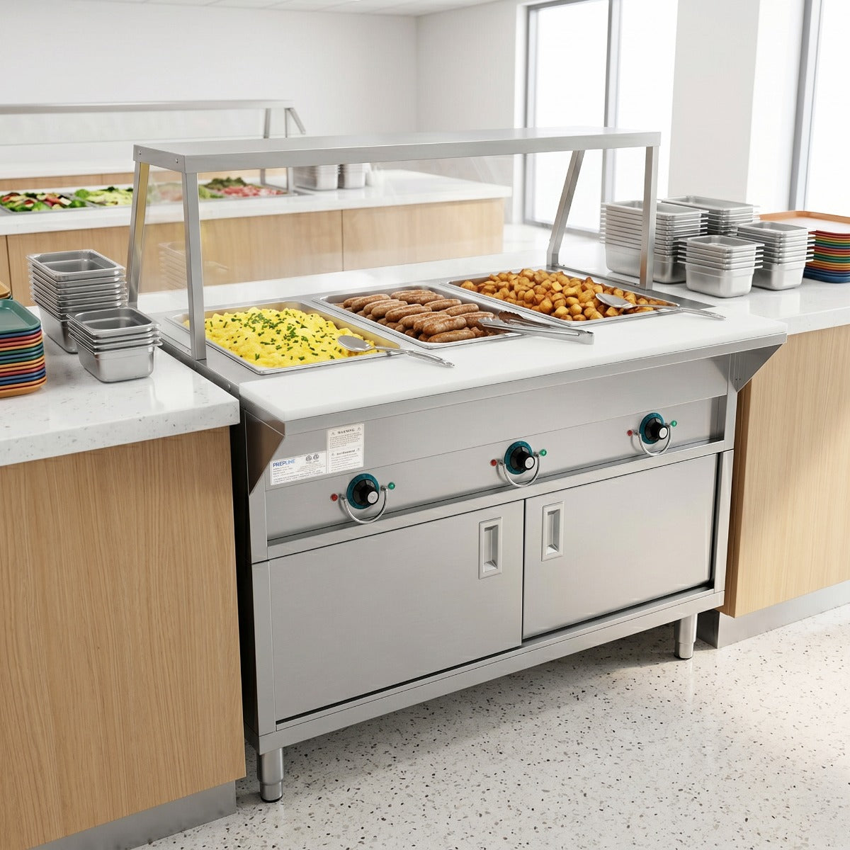 Prepline ESTC48-3S-SG electric steam table with sneeze guard, holding food on a serving line