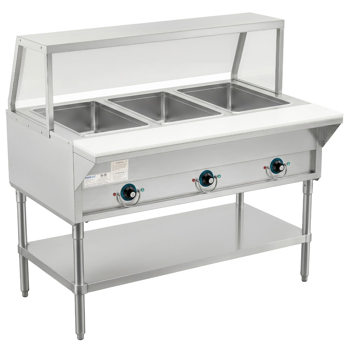 Prepline EST48-3O-SG electric steam table with sneeze guard, angled front view