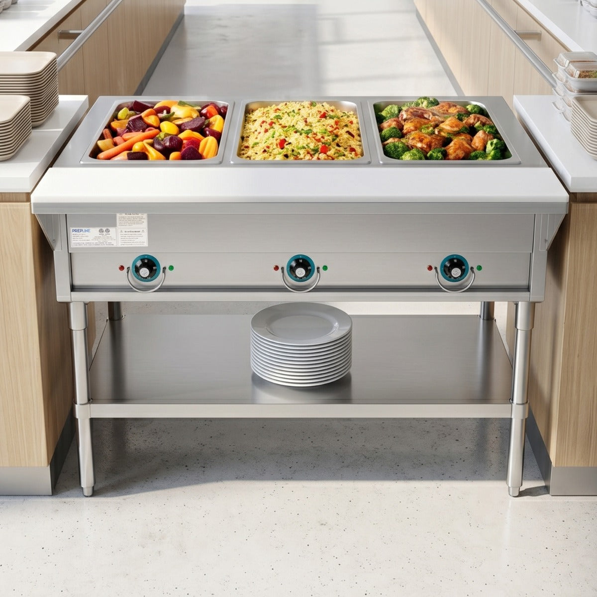 Prepline EST48-3O electric steam table, holding food on a serving line