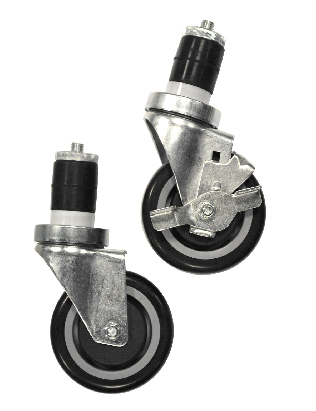 Example of Serv-Ware 4 inch insert stem casters, one shown with brake and one without (4B-0050-B has a brake)