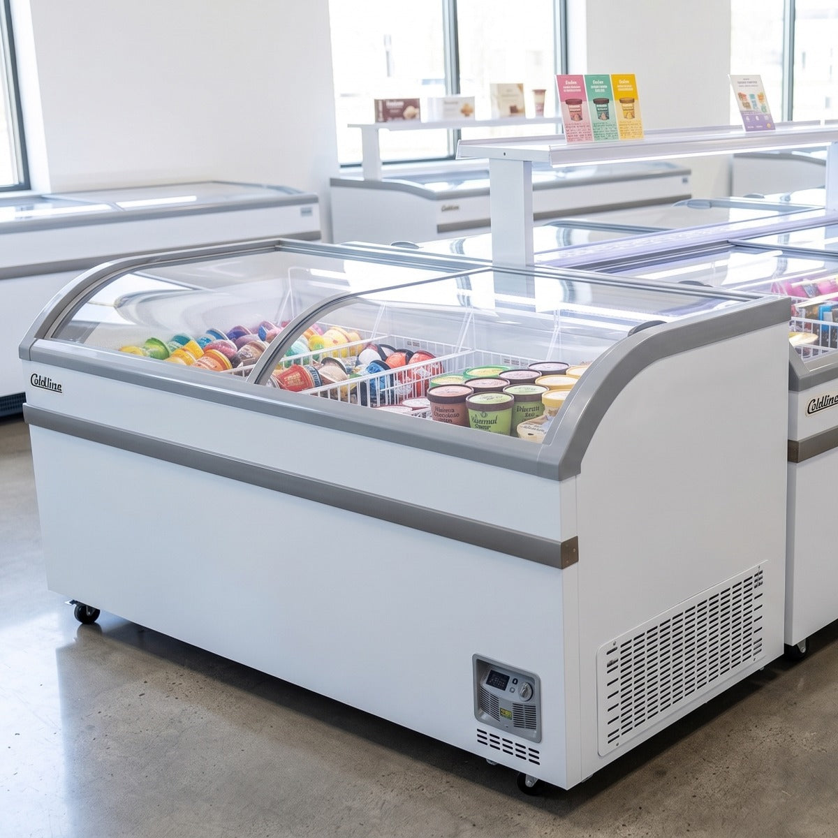 Coldline XS500YX curved glass top ice cream display freezer, in a supermarket