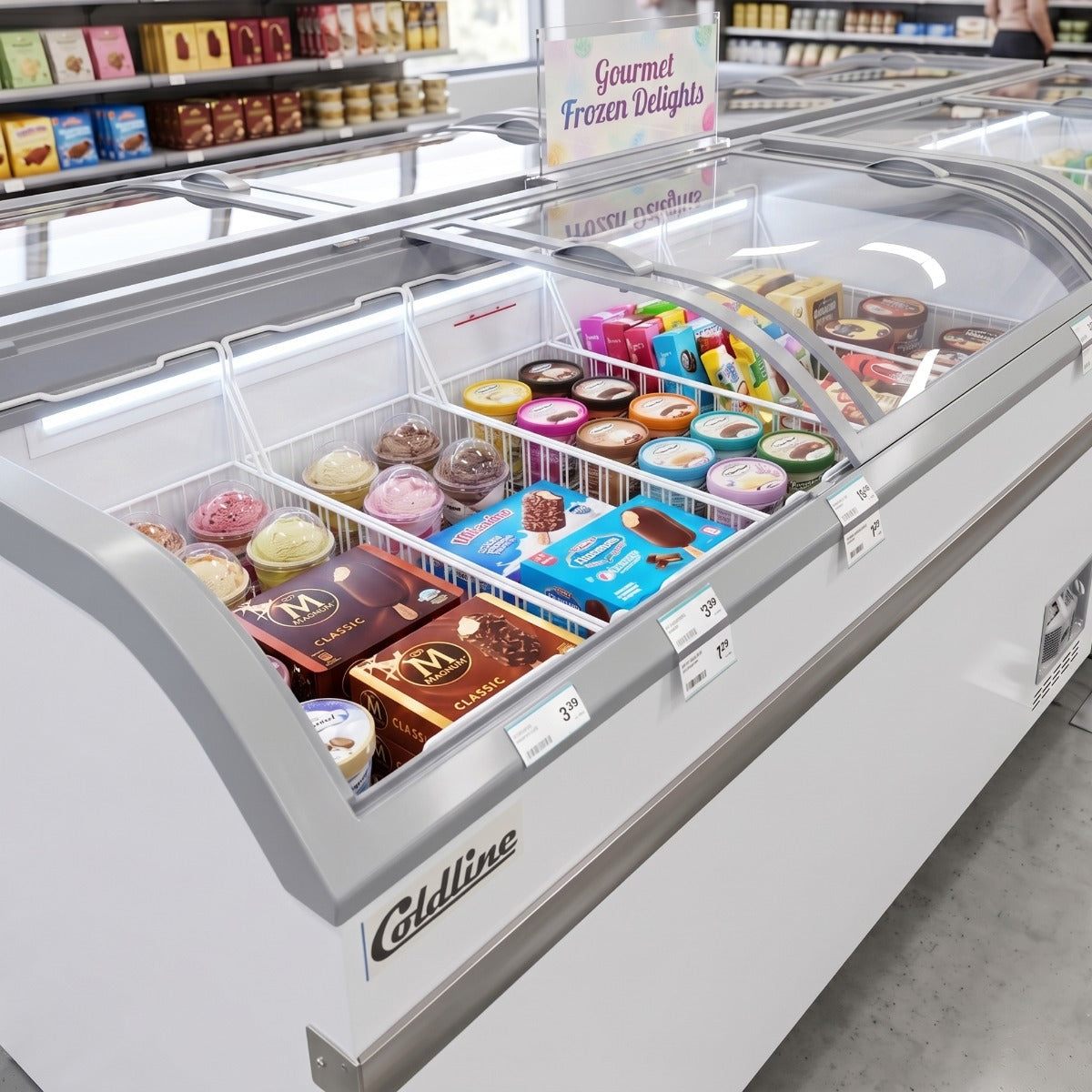 Coldline XS500YX curved glass top ice cream display freezer, filled with ice cream novelties
