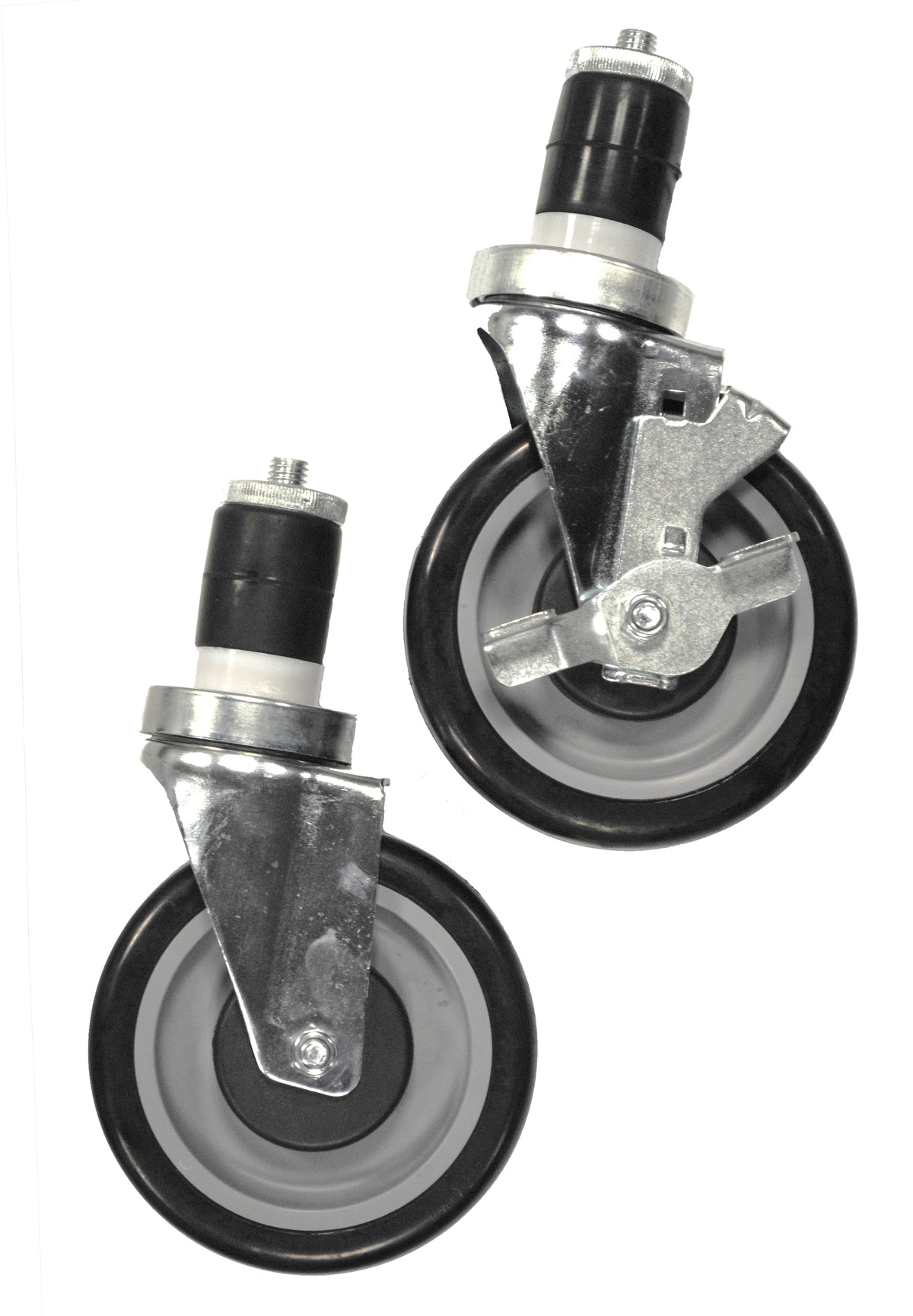Example of Serv-Ware 5 inch insert stem casters, one shown with brake and one without (5B-0050-B has a brake)