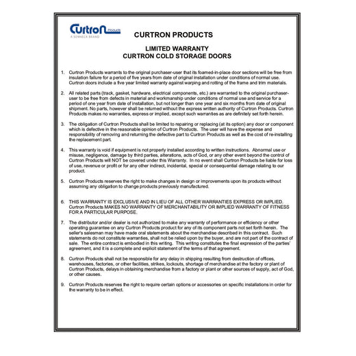 Curtron Products Cold Storage Doors Warranty