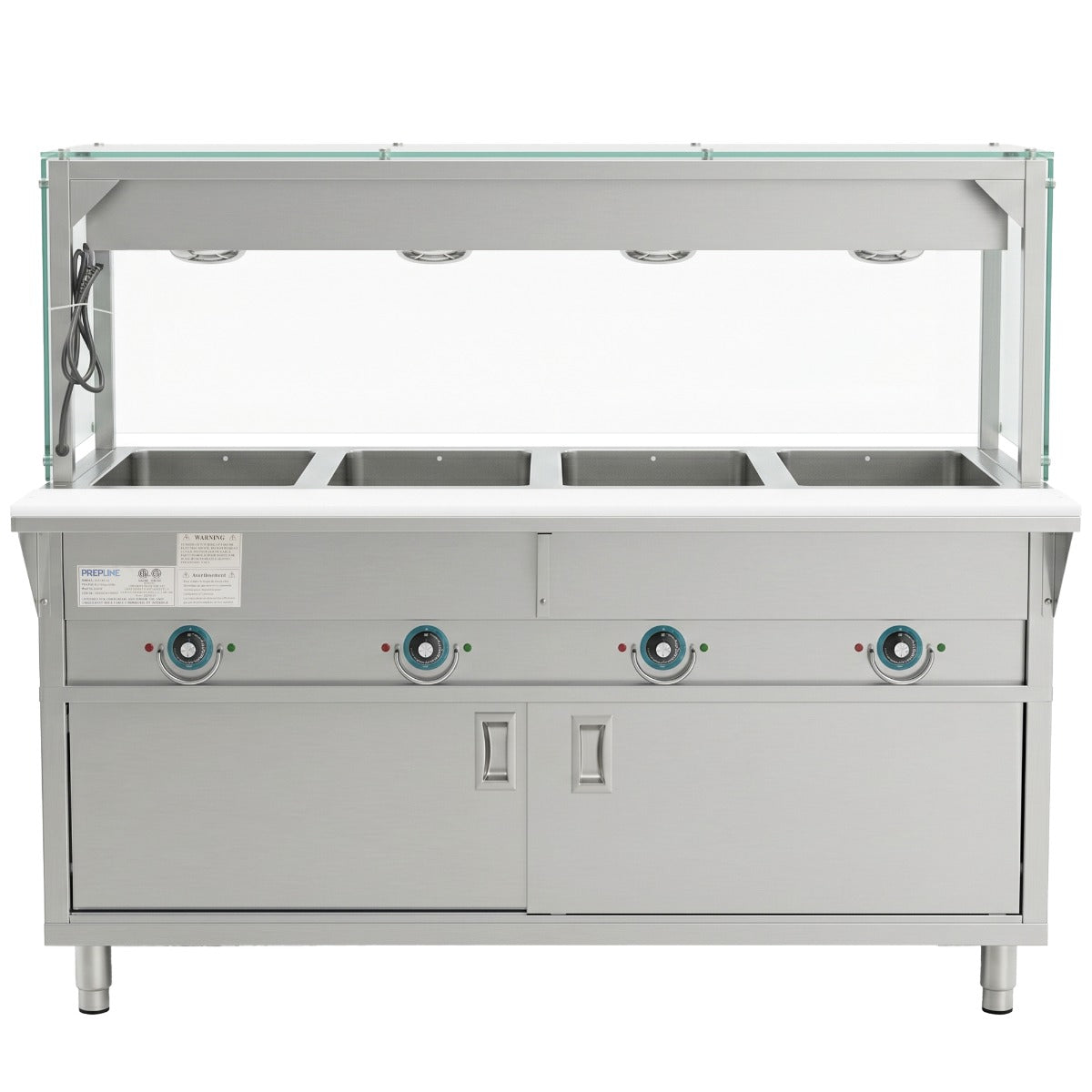 Prepline ESTC60-4S-LT-110 electric steam table with lighted sneeze guard, front view