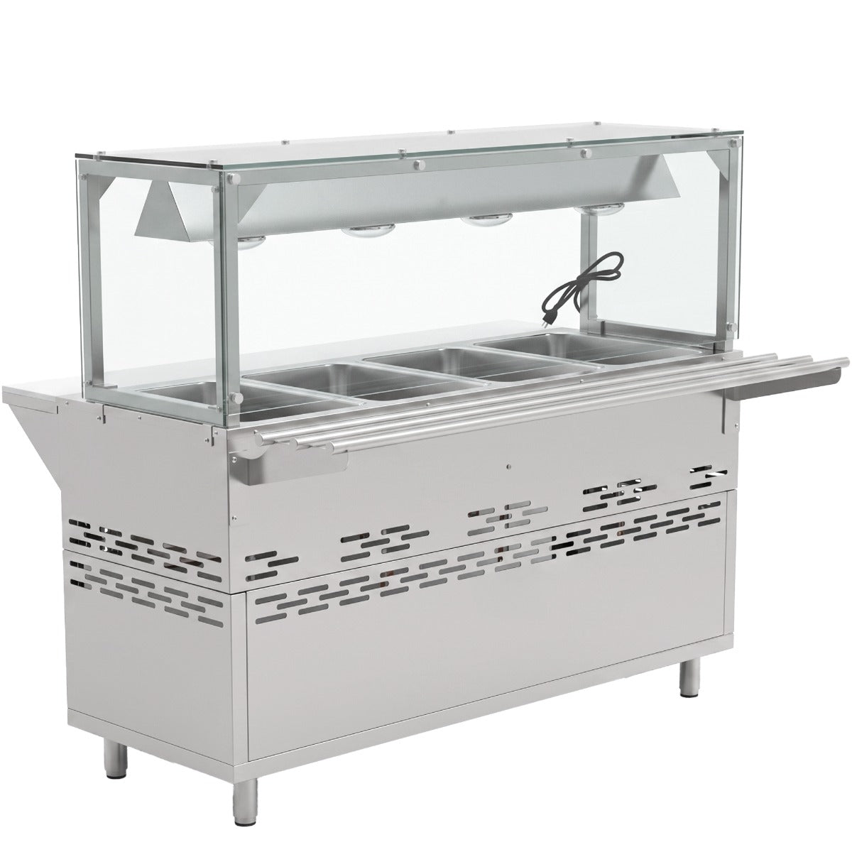 Prepline GSTC60-4S-LT gas steam table with lighted sneeze guard, angled back view with a front rail (representative image)