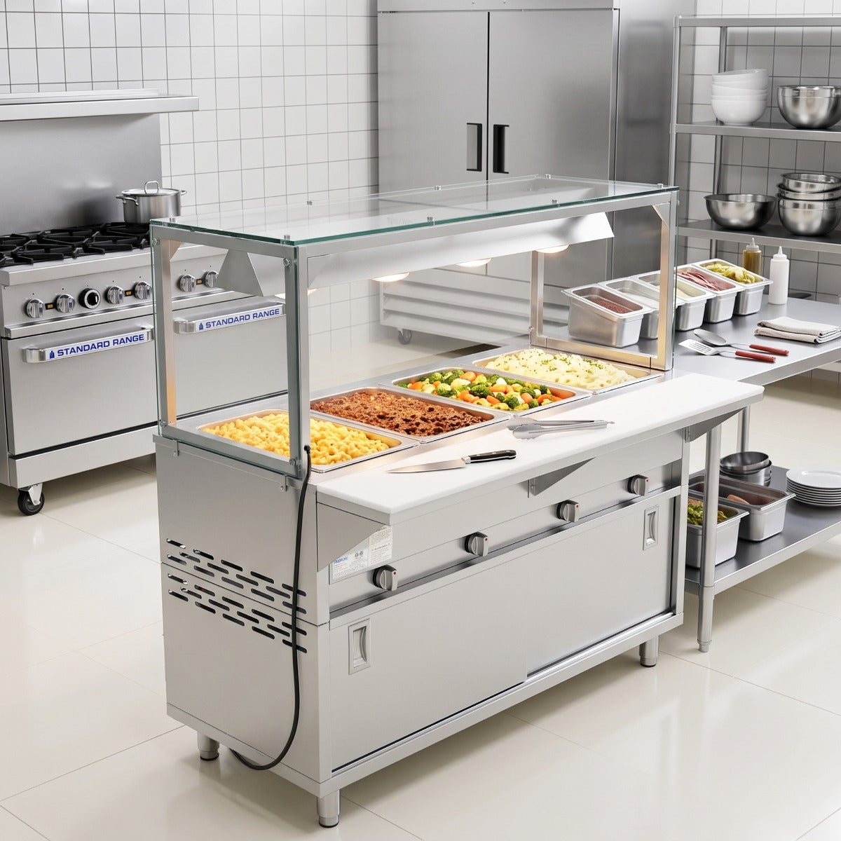 Prepline GSTC60-4S-LT gas steam table with lighted sneeze guard, holding food pans in a kitchen