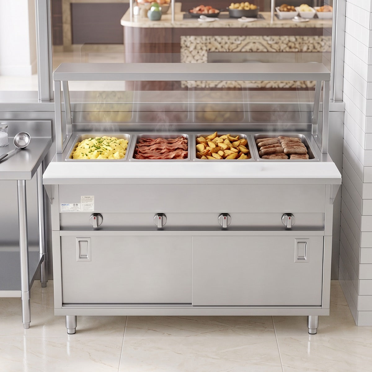 Prepline GSTC60-4S-SG gas steam table with sneeze guard, holding food pans on a buffet line
