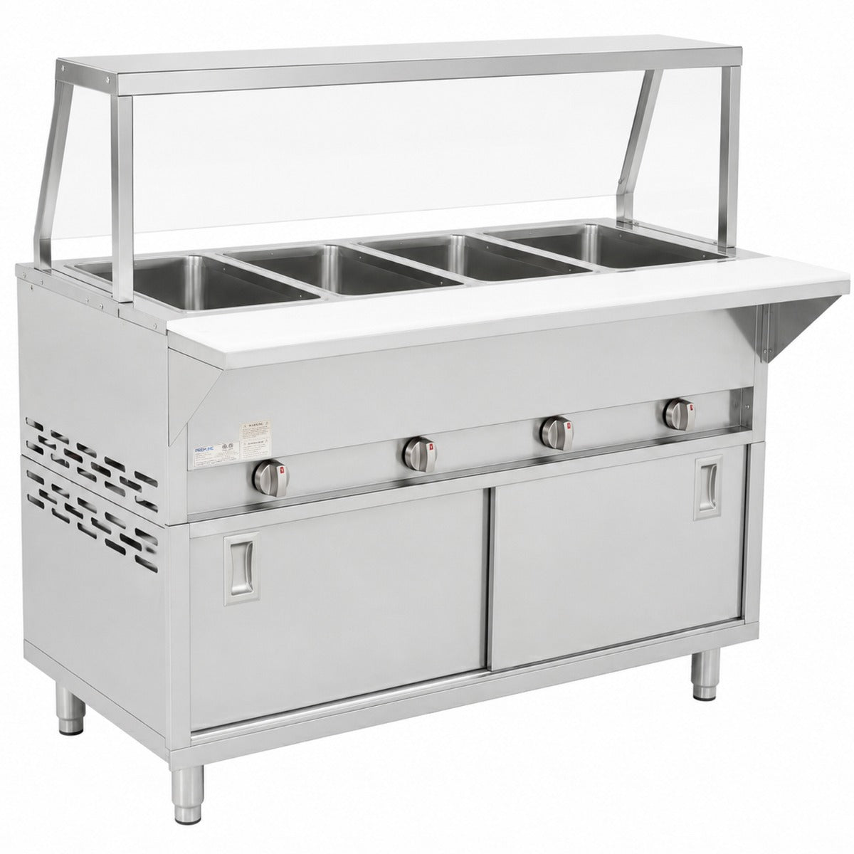 Prepline GSTC60-4S-SG gas steam table with sneeze guard, angled front view