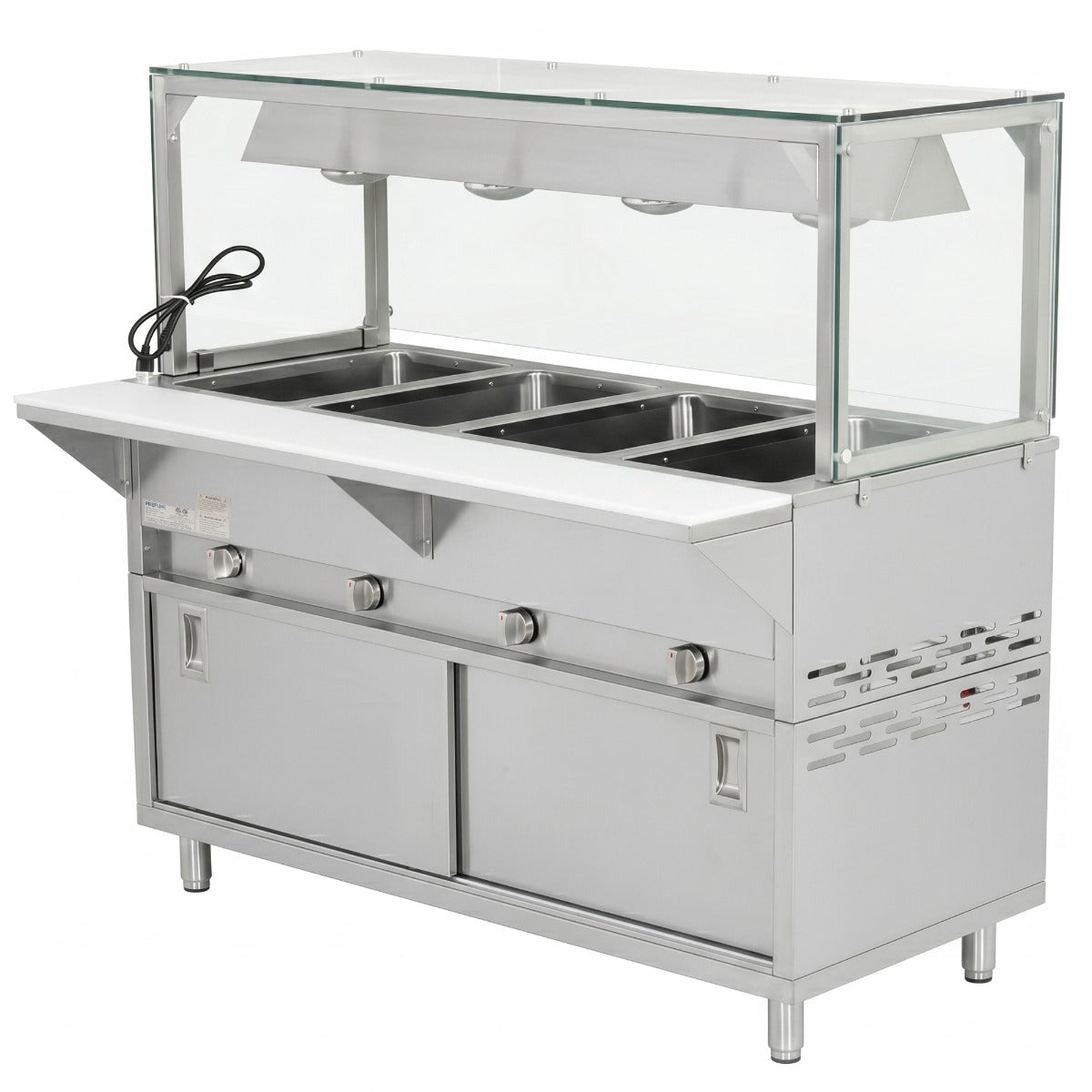 Prepline GSTC60-4S-LT gas steam table with lighted sneeze guard, angled front view