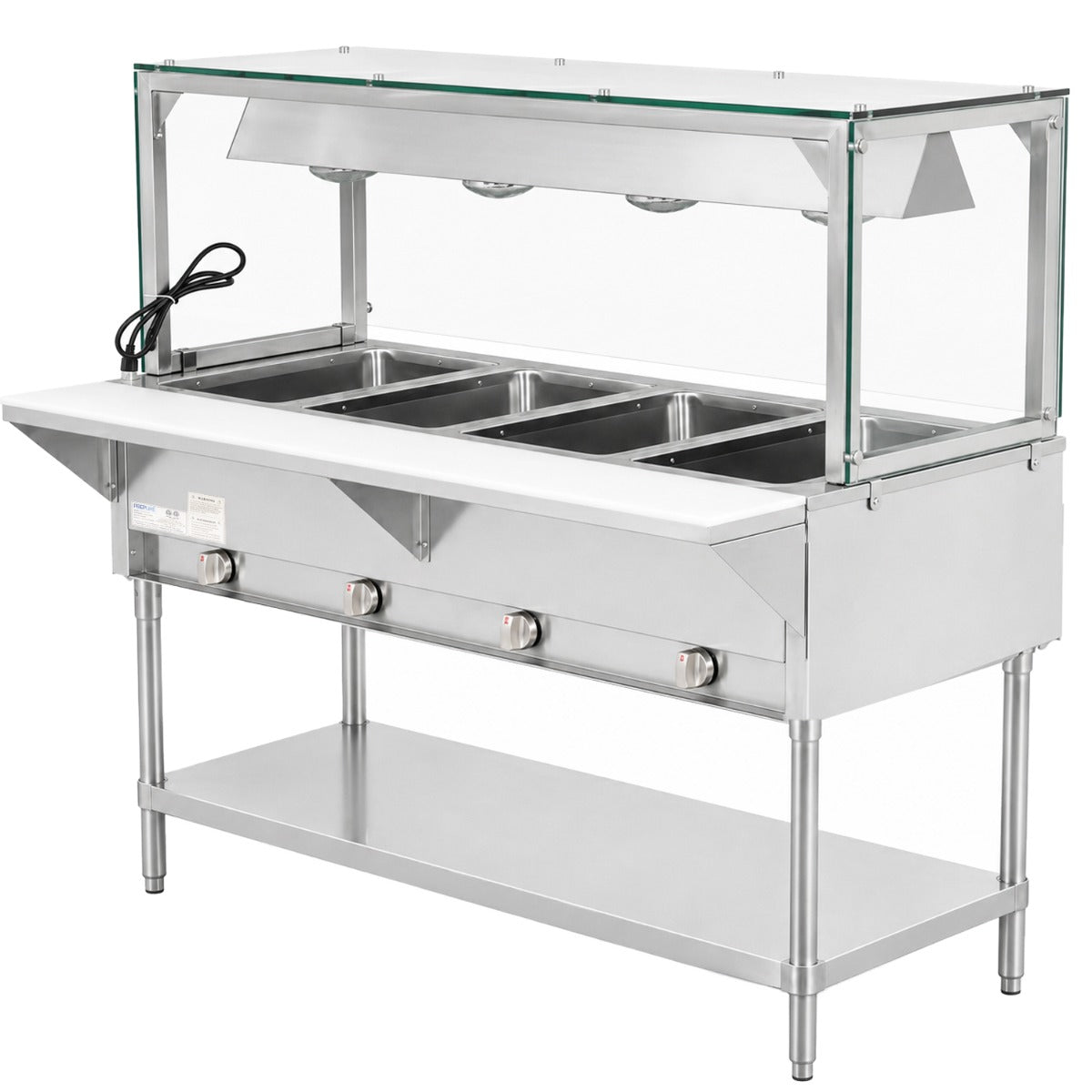 Prepline GST60-4O-LT gas steam table with lighted sneeze guard, angled view