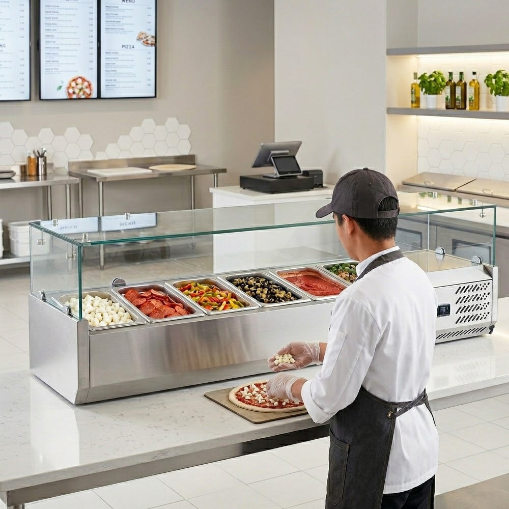 Coldline CTP60SG refrigerated countertop salad bar, in use at a pizza prep counter (representative image)