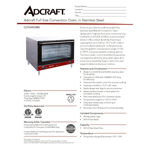 COF6400WS Spec Sheet