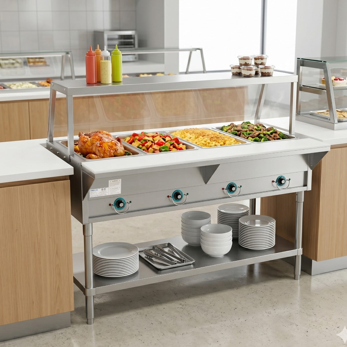 Prepline EST60-4O-SG-110 electric steam table with sneeze guard, holding food on a serving line
