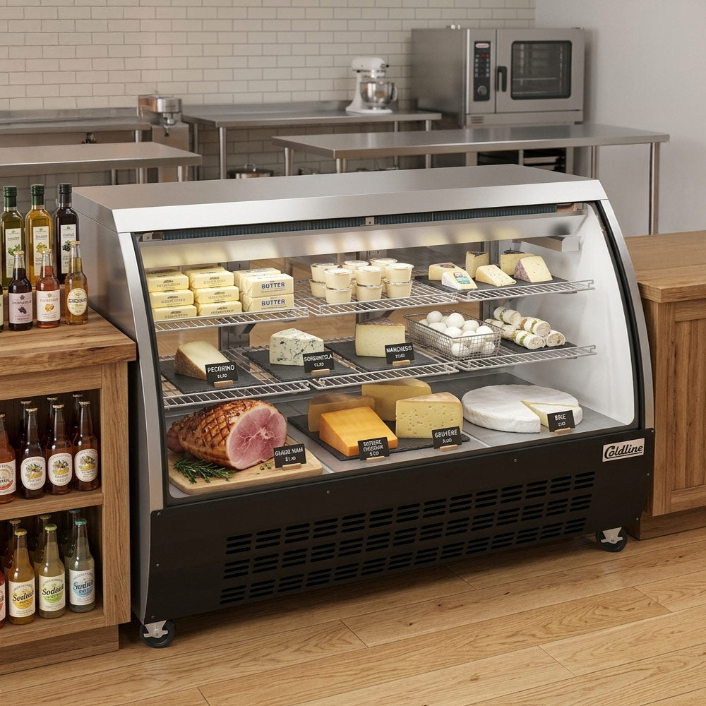 Coldline DC64-B black curved glass deli display case, stocked with deli meats and cheeses (representative image)