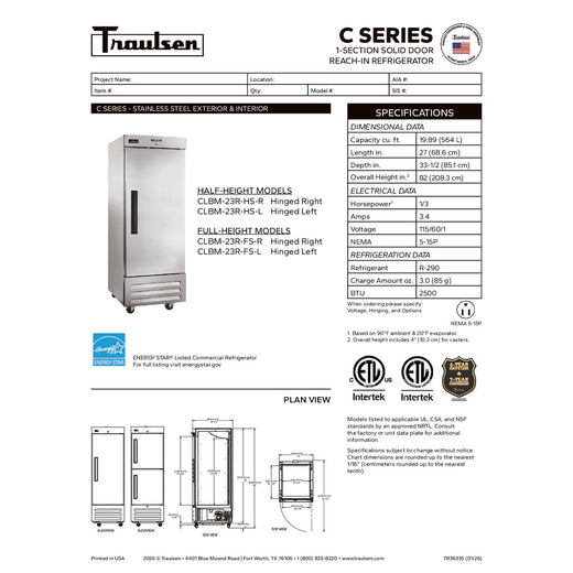 Traulsen C Series Refrigerator Specsheet