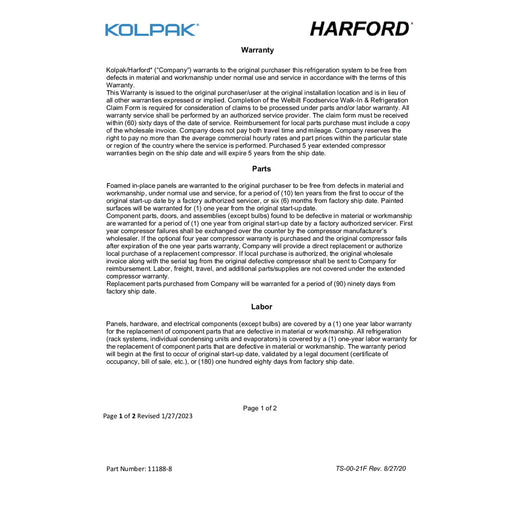 Kolpak-Harford Warranty Policy